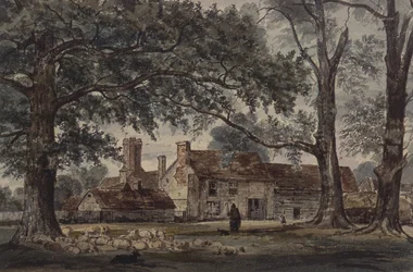 Bauerngebäude und ein Schäfer mit einer Schafherde